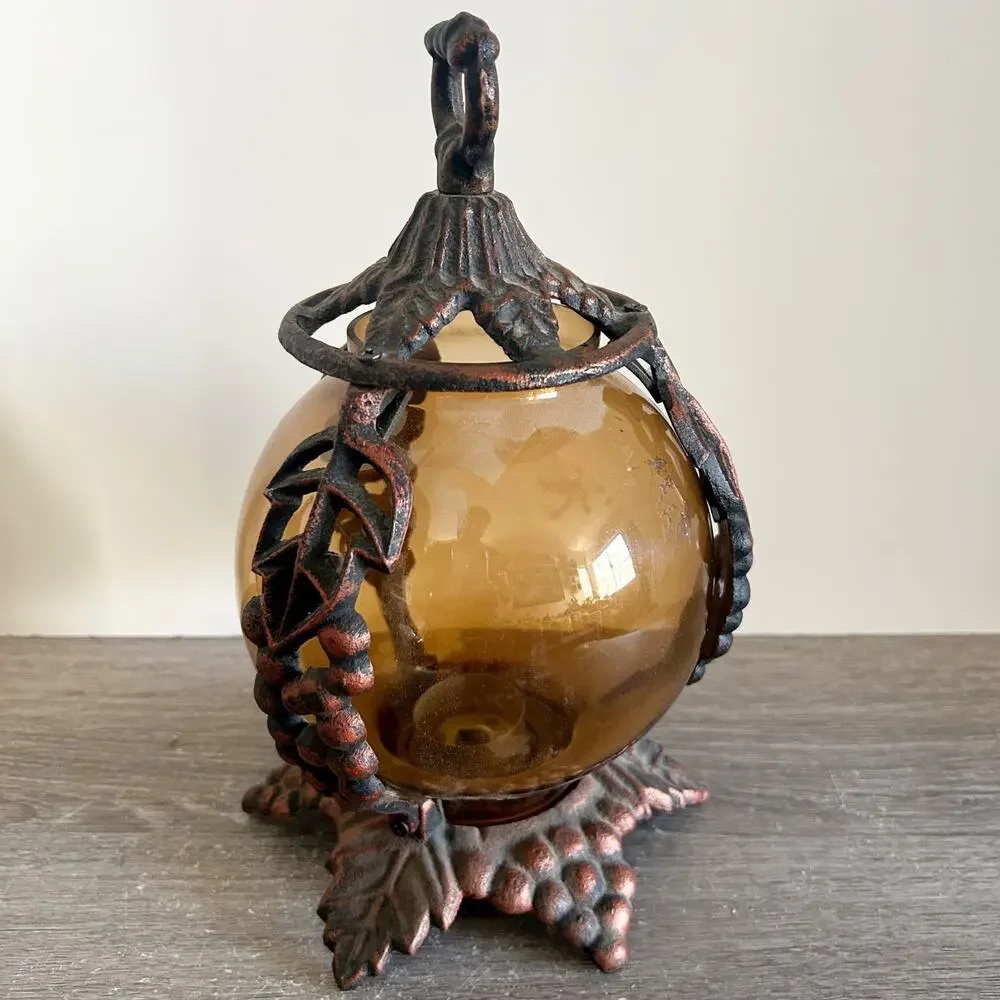Vintage Pair Spanish Revival Wrought Iron Amber Glass Round Tea Candle Lanterns